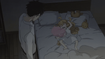 A Man Standing Next To A Bed With A Little Girl Laying On It GIF