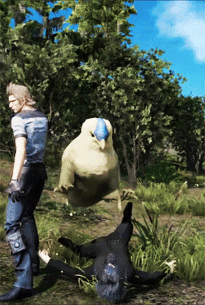 A Man Standing Next To A Bird That Is Flying Over A Person Laying On The Ground GIF