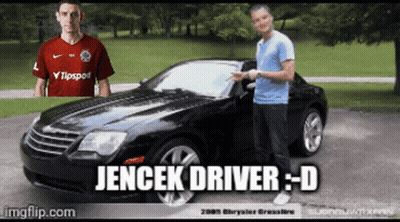 A Man Standing Next To A Black Car That Says Jencek Driver GIF