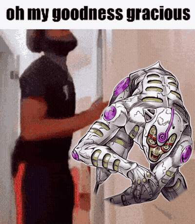 A Man Standing Next To A Cartoon Character That Says Oh My Goodness Gracious On It GIF