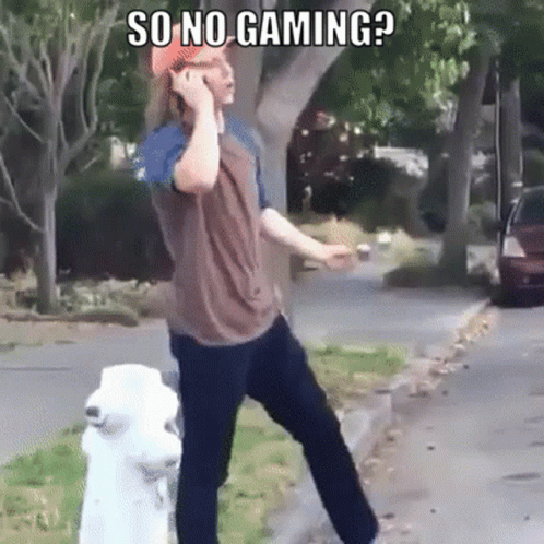 A Man Standing Next To A Fire Hydrant Talking On A Cell Phone With The Caption So No Gaming GIF