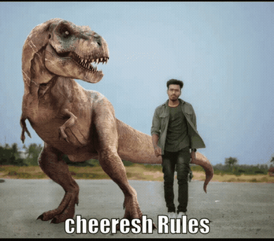 A Man Standing Next To A Large Dinosaur That Says Cheeresh Rules On The Bottom GIF