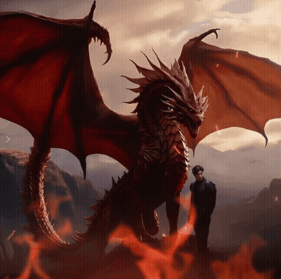 A Man Standing Next To A Large Dragon With Its Wings Outstretched GIF