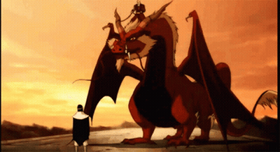 A Man Standing Next To A Large Red Dragon With Wings GIF