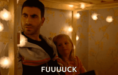 A Man Standing Next To A Little Girl With The Word Fuuuuck Written On The Bottom GIF