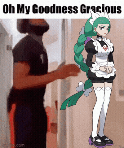 A Man Standing Next To A Maid With The Words Oh My Goodness Gracious On The Bottom GIF