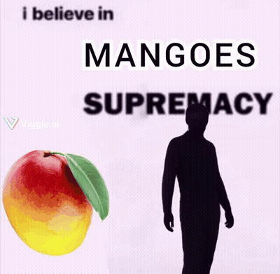 A Man Standing Next To A Mango With The Words " I Believe In Mangoes Supremacy " GIF