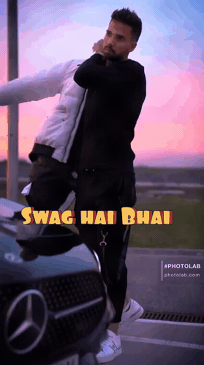 A Man Standing Next To A Mercedes With The Words Swag Hai Bhai Written On The Bottom GIF