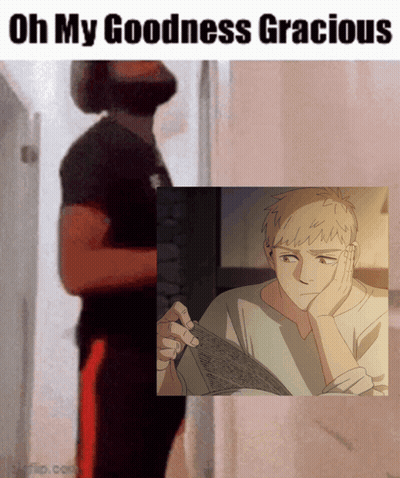 A Man Standing Next To A Picture Of A Man Reading A Book GIF