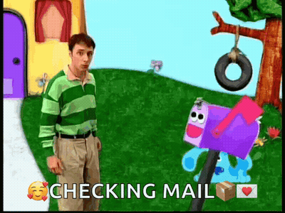 A Man Standing Next To A Purple Mailbox With The Words Checking Mail Below Him GIF
