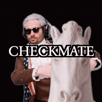 A Man Standing Next To A Statue Of A Horse With The Words Checkmate Written On It GIF