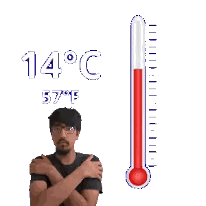 A Man Standing Next To A Thermometer That Says 14 Degrees Sticker
