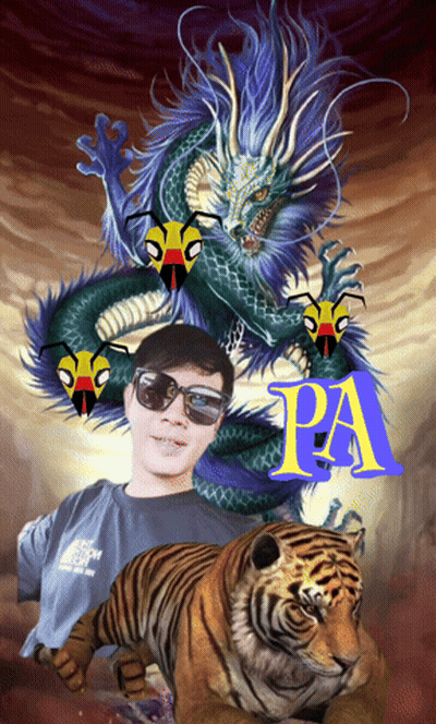A Man Standing Next To A Tiger And A Dragon With The Letter Pa On The Bottom Right GIF