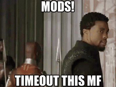 A Man Standing Next To Another Man With The Words Mods Timeout This Mf Written On It GIF