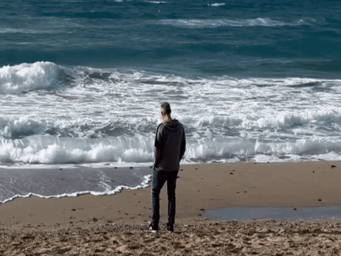 A Man Standing On A Beach Looking At The Waves GIF