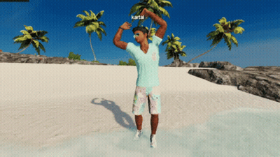 A Man Standing On A Beach With The Name Kartai On The Bottom Left GIF