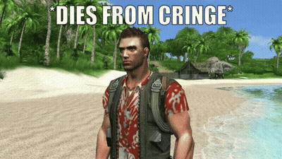 A Man Standing On A Beach With The Words Dies From Cringe Below Him GIF