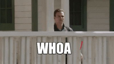 A Man Standing On A Porch Behind A Fence With The Word Whoa Written On It GIF