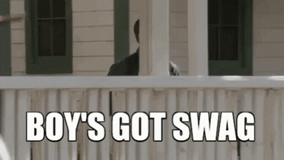 A Man Standing On A Porch With The Words Boy 'S Got Swag Written On It GIF