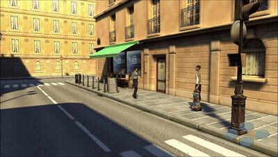 A Man Standing On A Sidewalk With A Skateboard In Front Of A Building With The Number 8 GIF