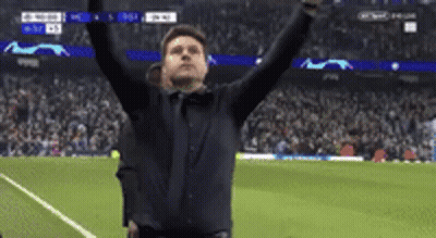 A Man Standing On A Soccer Field With His Arms In The Air . GIF