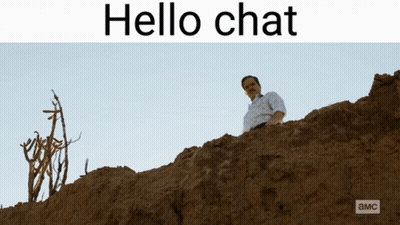 A Man Standing On Top Of A Pile Of Dirt With The Words Hello Chat Below Him GIF