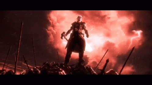A Man Standing On Top Of A Pile Of Swords In Front Of A Red Lightning Storm . GIF