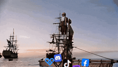 A Man Standing On Top Of A Ship With A Few Social Media Icons On It GIF
