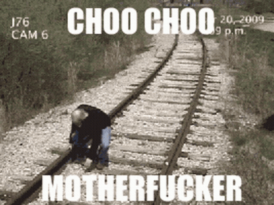 A Man Standing On Train Tracks With The Words Motherfucker On The Bottom GIF