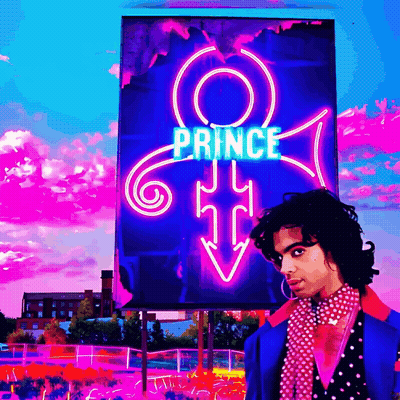A Man Stands In Front Of A Billboard That Says Prince GIF