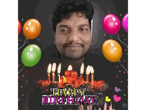 A Man Stands In Front Of A Birthday Cake With Candles And Balloons And The Words Happy Birthday Sticker