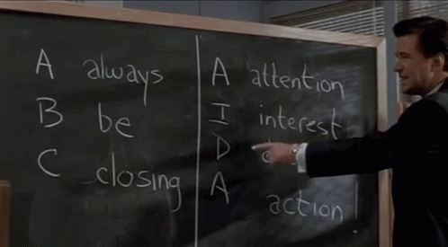 A Man Stands In Front Of A Blackboard That Says " A Always Be Closing " GIF
