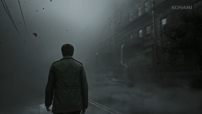 A Man Stands In Front Of A Building That Says Konami On The Bottom GIF