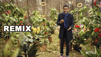 A Man Stands In Front Of A Bunch Of Potted Plants With The Word Remix Written Above Him GIF
