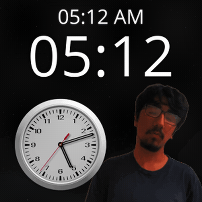 A Man Stands In Front Of A Clock That Reads 05:12 GIF