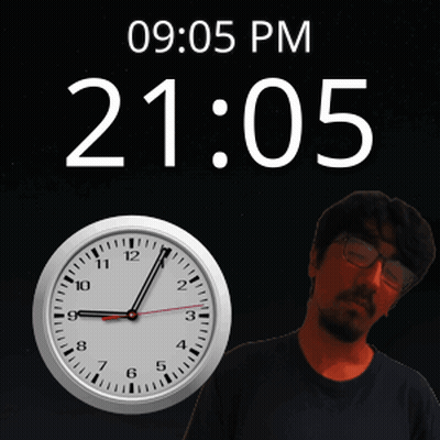 A Man Stands In Front Of A Clock That Reads 20:05 GIF