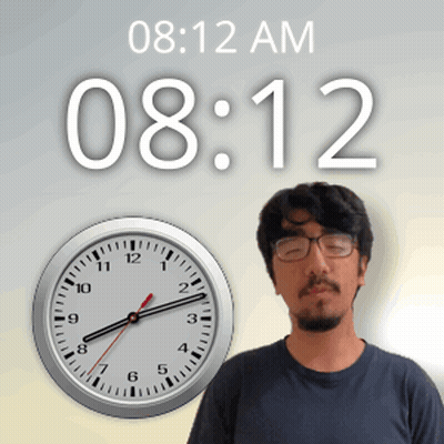 A Man Stands In Front Of A Clock That Says 08:12 GIF
