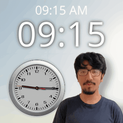 A Man Stands In Front Of A Clock That Says 09:15 GIF