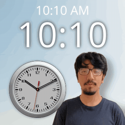 A Man Stands In Front Of A Clock That Says 10:10 GIF