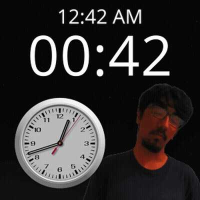 A Man Stands In Front Of A Clock That Says 12:42 Am GIF