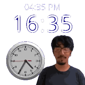 A Man Stands In Front Of A Clock That Says 16:35 Sticker