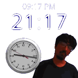 A Man Stands In Front Of A Clock That Says 9:17 Pm On It Sticker