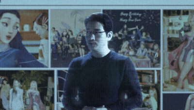 A Man Stands In Front Of A Collage Of Pictures With The Words Happy Birthday Written On It GIF