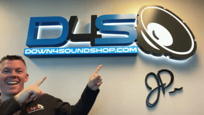 A Man Stands In Front Of A Down4soundshop.com Logo GIF
