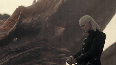 A Man Stands In Front Of A Dragon With A Sword GIF