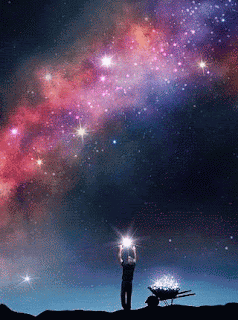 A Man Stands In Front Of A Galaxy With A Wheelbarrow Full Of Stars In The Foreground GIF