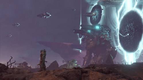 A Man Stands In Front Of A Giant Robot With A Portal In The Background GIF