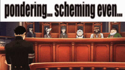 A Man Stands In Front Of A Group Of Judges In A Courtroom With The Words " Pondering Scheming Even " Above Him GIF