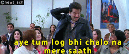 A Man Stands In Front Of A Group Of People With The Caption Aye Tum Log Bi Chalo Na Mere Saath GIF