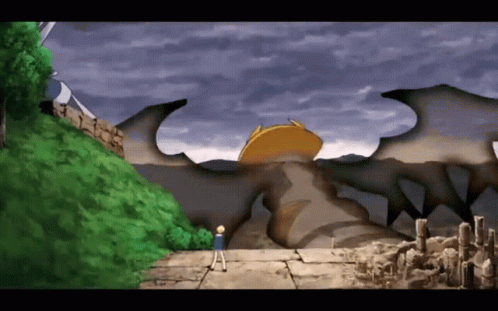 A Man Stands In Front Of A Large Dragon Statue GIF